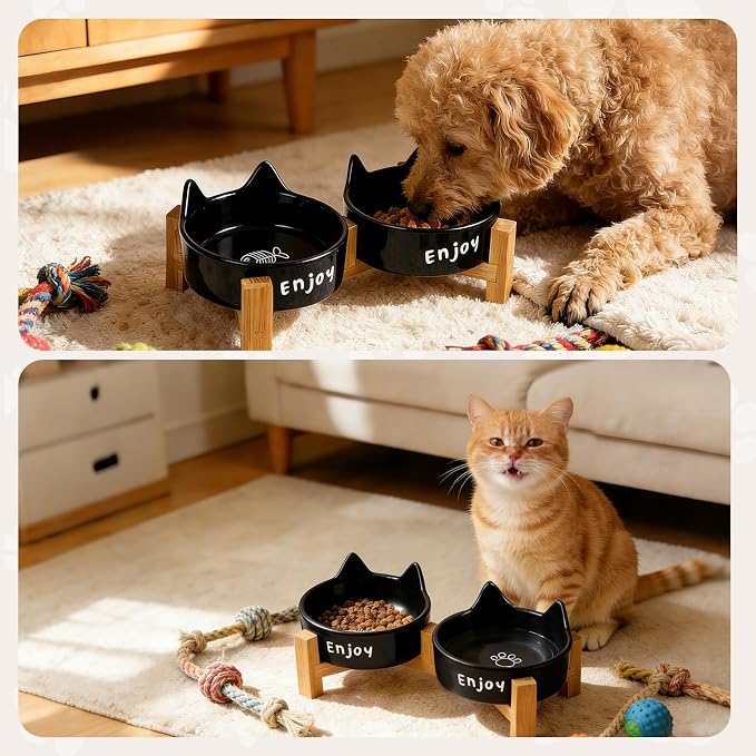 Ceramic Dog and Cat Bowl Set with Wooden Stand Elevated Non-Slip Weighted Anti-Spill Matte Finish for Cats Kittens Small Dogs-Black Cat Ear-6.76 OZ