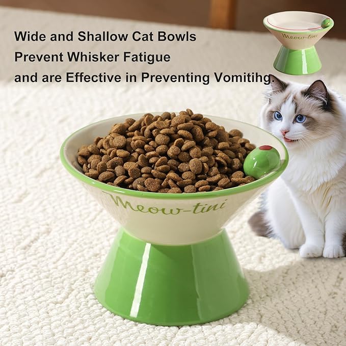 Elevated Cat Bowls Whisker Friendly. Ceramic Raised Whisker Fatigue Cat Bowl for Indoor Cats Protect The Spine and Prevent Vomiting,Meowtini Cat Bowl. KGCCIZI