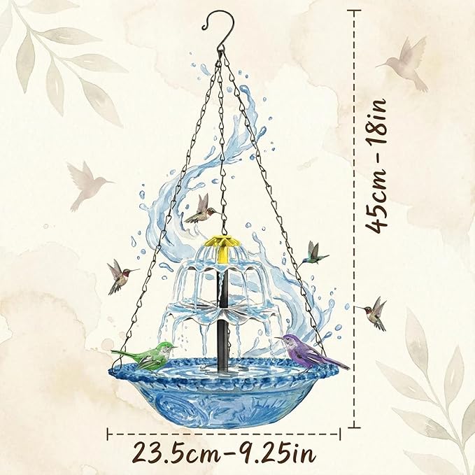 Hanging Solar Bird Bath Fountain, Solar Powered Cascading Outdoor Water Fountain, Hanging Bird Bath with Flowing Water, Decorative Garden Yard Patio Bird Bath Fountain