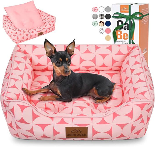 Zerbuger Rectangle Cat Dog Bed for Large Medium Small Pets Indoor Outdoor Machine Washable Sleeping Sofa Non-Slip Bottom Soft Puppy Bed Durable Orthopedic Calming Pet Cuddler (Medium, Pink Pattern)