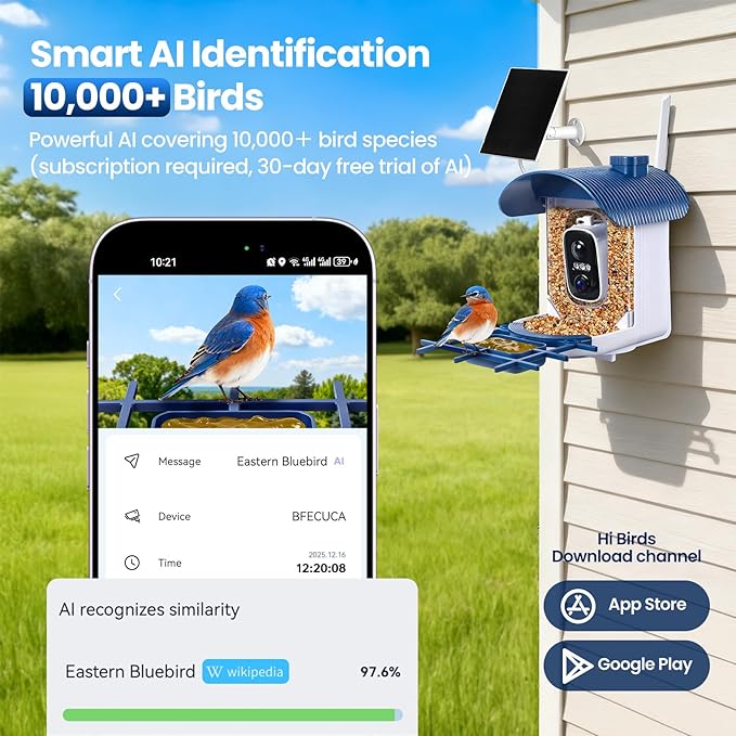 Smart Bird Feeder with Camera : 2K HD Video Live Stream, AI Birds Species Identification ＆ Instant Arrival Alerts, Solar Bird Feeder Camera for Outdoor Backyard - Ideal Gifts for Mom Dad Birdlovers