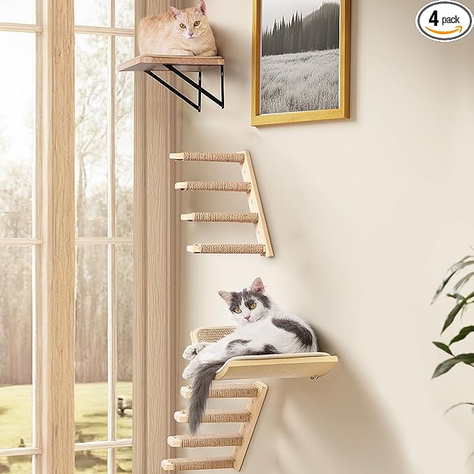 Wall Mounted Cat Shelves Set for Large Cats, 4 Piece Wood Cats Wall Furniture with Sisal-Padded Bed, Flat Perch and 2 Climbing 4-Steps Stairs
