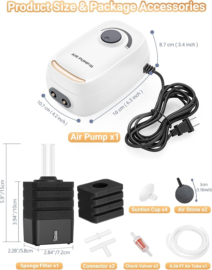 MoonOrange 3W/6W Aquarium Air Pump, Adjustable Aquarium Aerator with 2-Outlet, Super-Powerful & Quiet Oxygen Pump for Fish Tanks up to 100/200 Gallon with Full Accessories.(Upgrade Noise-Reduce)