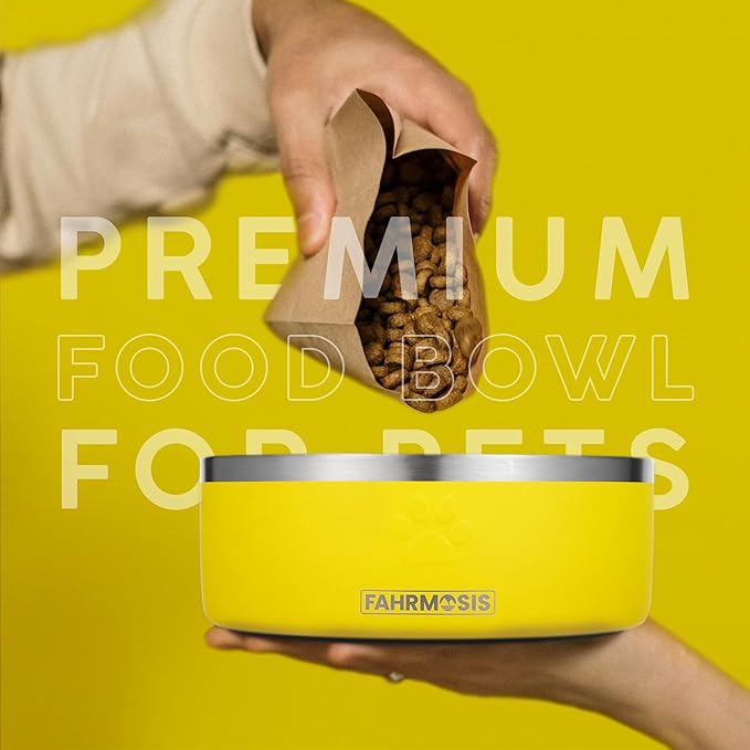 FAHRMOSIS 64 OZ Dog Bowl with Slow Feeder Insert Stainless Steel Pet Water Bowl for Medium & Large Breed Non Slip Rubber Base & Plastic Puzzle Feeder - Yellow
