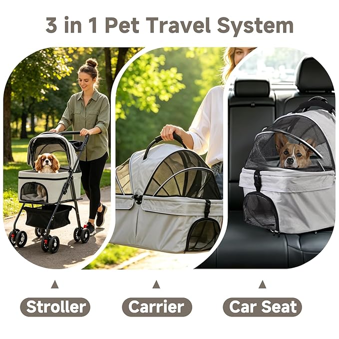 Pet Stroller for Small Dogs and Cats with 4 Wheels, 3 in 1 Foldable Dog Stroller with Detachable Carrier, Breathable Mesh, Storage Basket & Cup Holder, Up to 33 lbs