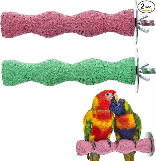 2pcs Bird Beak Grinding Stone, Parrot Stand Nail Trimming Stick Anti-Slip Parakeet Cage Accessories Platform Foot Claws Trimmer Chewing Parrot Toys for Parakeets Cockatiels Hamsters (Pink, Green)