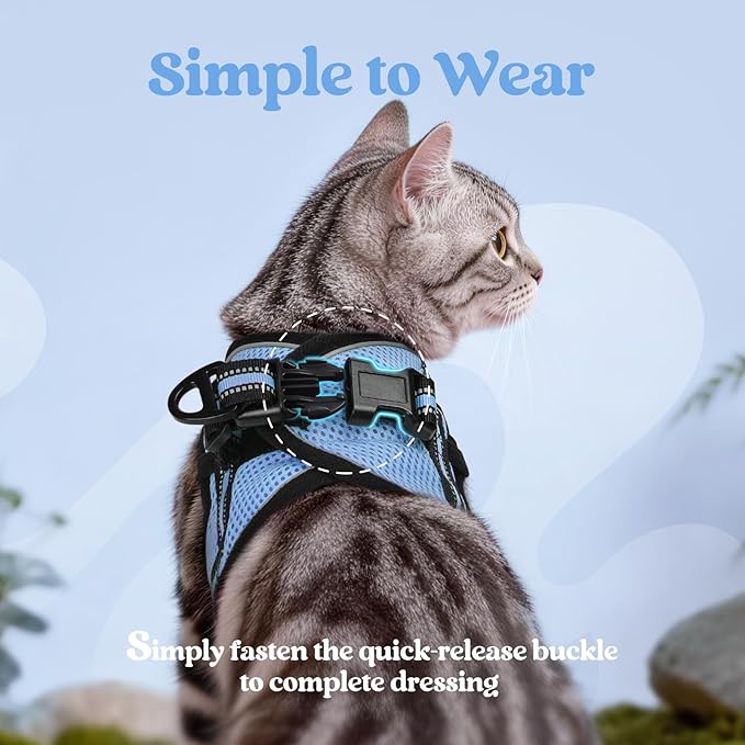 rabbitgoo Cat Harness and Leash Set for Walking Escape Proof, Adjustable Soft Kittens Vest with Reflective Strip for Cats, Comfortable Outdoor Vest, Light Blue, M