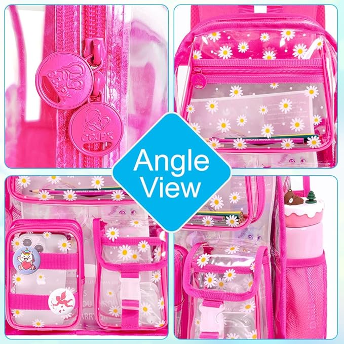 CCJPX 3Pcs Clear Backpack for Girls, School Transparent Bookbag, Heavy Duty See Through Backpacks for Teens Elementary