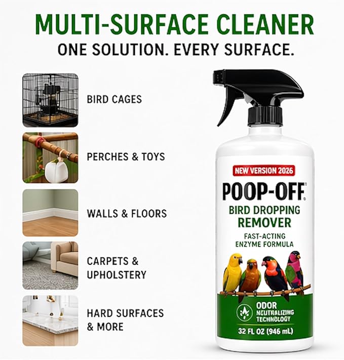 Poop-Off Bird Dropping Remover Spray, 32 oz – Fast-Acting Enzyme Formula, New Version 2026, Odor Neutralizing, Safe for Cages, Carpets & Surfaces
