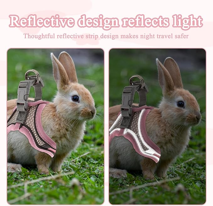 Rabbit Harness and Leash Set, Breathable Pet Vest, Bunny Harness with Reflective Strips, Soft Mesh for Small Kitten, Puppy, Rabbit and Small Animals(Pink)