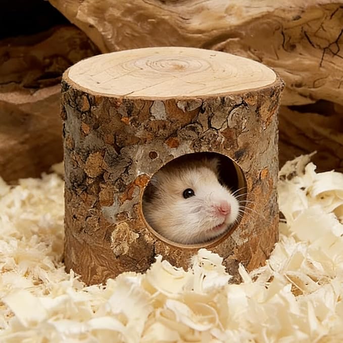 Hamster Hideout, Natural Wooden Habitat House for Hamsters & Other Small Pets - Hideaway Shelter with Entry Holes for Cage Enrichment