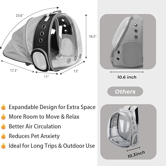 Cat Backpack Carrier Back Expandable Bubble Pet Carrier Backpack for Large Cat, Kitten and Dog, Designed for Hiking, Travelling and Outdoor Use (Back Expandable-Black)