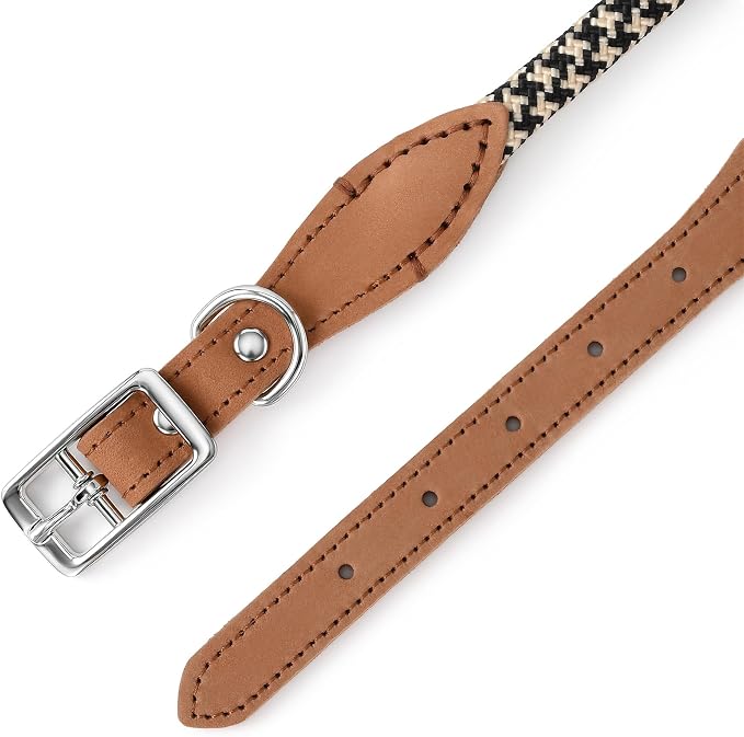Mile High Life Genuine Leather Dog Collar, Durable Braided Cotton Rope Collar with Metal Pin Buckle for Small Medium Large Dogs (Black Khaki, M Neck 15"-18")