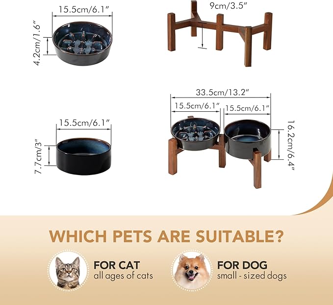 Havniva Elevated Slow Feeder Dog Bowls, 0.9 Cups Slow Feeders 6.1 inch Ceramic Dog Food & Water Bowls Set with Acacia Wood Stand Puzzle Bowls for Fast Eater, Small Dogs Anti-Choking