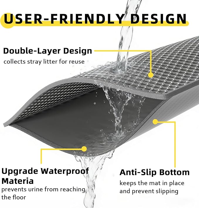 Cat Litter Mat, 30"X24" Large Double Layer Litter Trapping Mat, Waterproof/Urineproof, Easy to Clean Kitty Litter Mats for Floor, Scatter Control (Grey-1Pack)