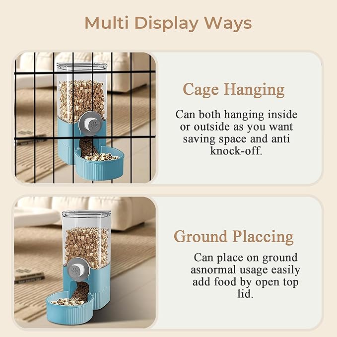 Auto Gravity Food Dispenser for Cage Hanging, 41OZ Capacity Hanging Automatic Pet Cage Feeder, Food Bowl for Cats Dogs Rabbit Ferret Chinchilla Bird Hedgehog Guinea Pig (Blue)