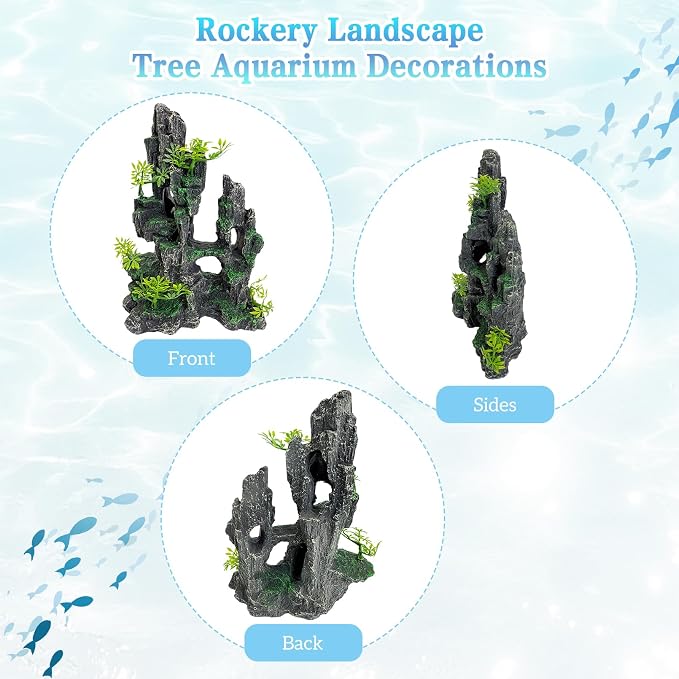 kathson Aquarium Mountain View Stone Resin Fish Tank Decoration Betta Hideout Caves Rockery Landscape Tree Rock Hiding Cave Decor for Small Fish Shrimp Play Ornament