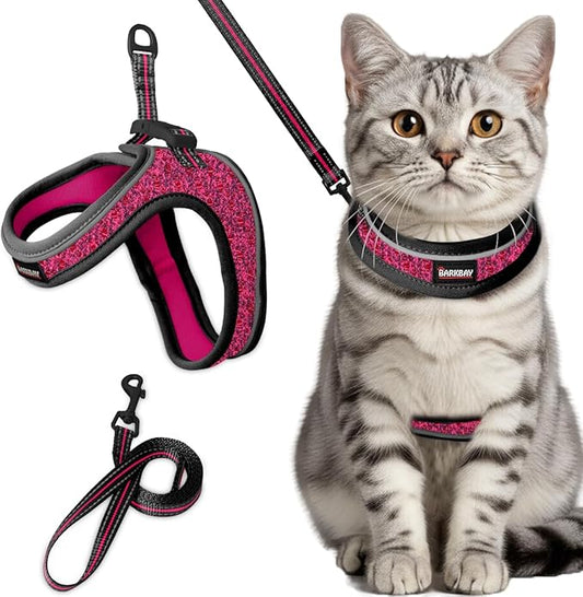 Cat Harness and Leash Set,Escape Proof Kitten Harness,Step in Adjustable Soft Lightweight,Easy Control,Reflective Strips Comfortable for Walking Travel(Pink/Black,M)