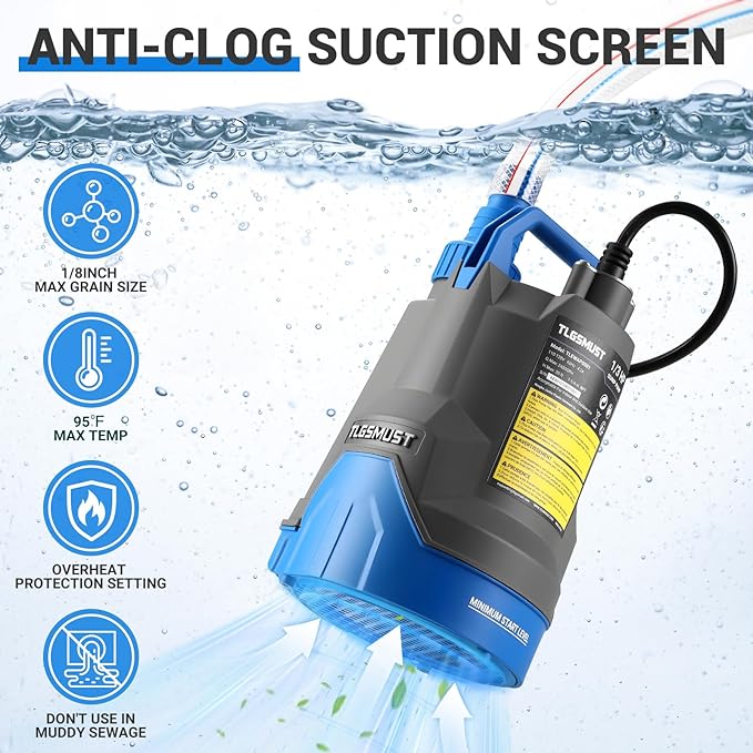 Submersible Water Pump, 1/3 HP 2450GPH Utility Pump Thermoplastic Electric Portable Transfer Water Pump for Swimming Pool Basement Flood Garden Pond Draining, Blue