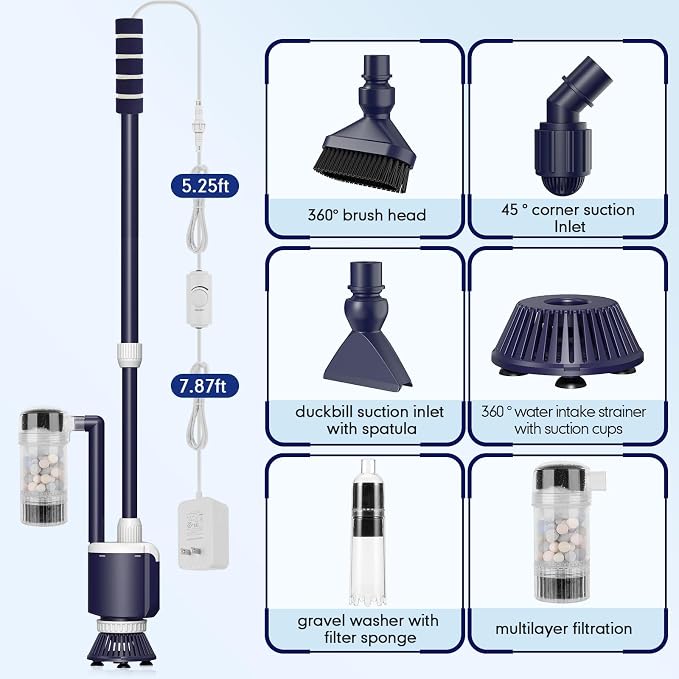 AQQA Fish Tank Cleaner,DC34W/600GPH Adjustable Flow Aquarium Gravel Vacuum | Multi-Filtration Purifies Water Electric Cleaning Kit for Water Change Water Circulation Wash Sand Gravel 110V-240V