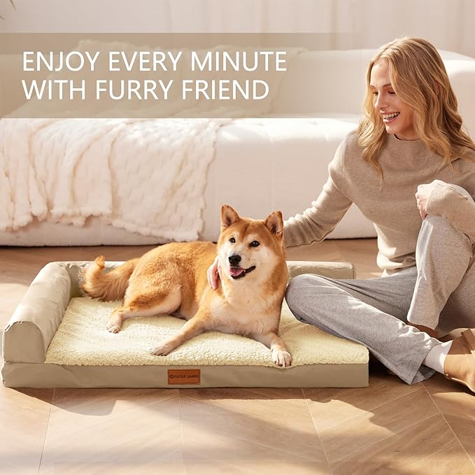 Patas Lague Orthopedic Dog Bed Large Sized Dog 36''X24'', Waterproof L Bolster Medium Pet Sofa Beds with Removable Washable Cover, Soft Comfortable Pet Couch Crate Mat with Nonskid Bottom, Cream