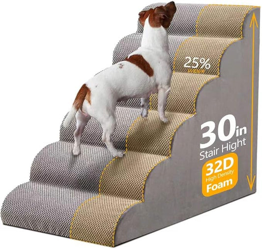 30" H Dog Stairs for Small and Medium Dogs 6-Step Ramps for High Beds and Couch Non-Slip Extra Wide Pet Stairs for Old Dogs and Puppy and Cat - Stable & Durable with Machine Washable Cover Indoor