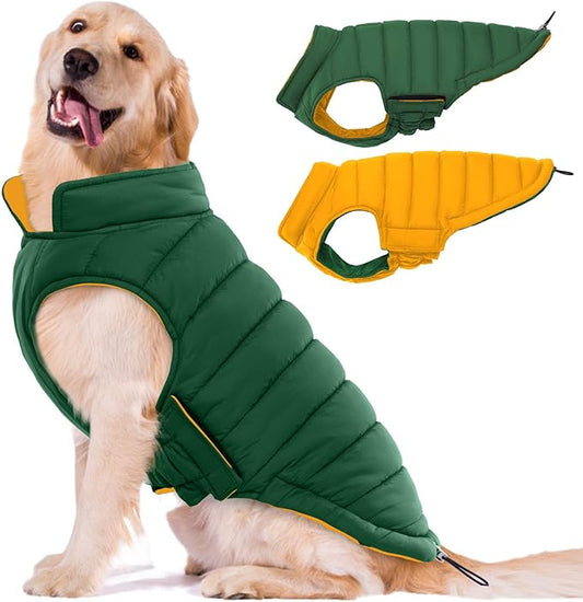 Lelepet Reversible Dog Coat Waterproof Dog Jacket Windproof Puffer Vest for Winter Warm Lightweight Coats for Large Dogs Adjustbale Hook & Loop Pet Apparel with Leash Hole, Pitbull, Green, XL