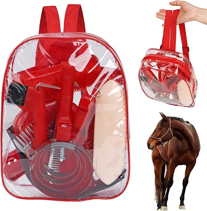 Horse Grooming Kit, Horse Brushes for Grooming 10pcs Horse Cleaning Tool Set with Tote Bag, Sweat Scraper, Curry Comb, Brush, Hoof Pick, Livestock Bathing Supplies Equine Care Supplies
