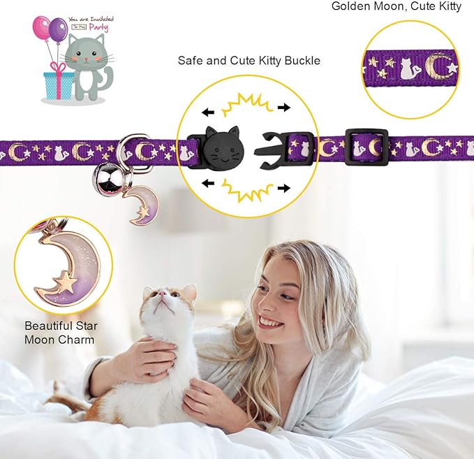 4PCS Cat Collar with Bells,Breakaway Cat Collars,Moons Stars Cute Kitty Adjustable Safe Kitten Collars Pendant Glow in The Dark,Cat Collars for Girl Cats 8.0-13.0 Inch(2 Purple & 2 Pink)