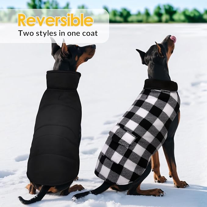 ASENKU Dog Winter Coat, Fleece Doggie Jacket Plaid Reversible Vest Waterproof Windproof Cold Weather Clothes for Small Medium Large Dogs (White,3XL)