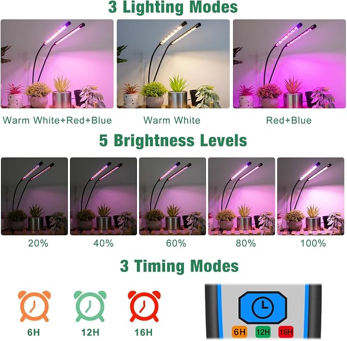 Grow Lights for Indoor Plants, 2 Heads Clip On Plant Light, 40 LEDs | RedBlue Plant Light, Timer 6/12/16Hrs, 3 Spectrums, 5 Dimmable Levels, Flexible Gooseneck