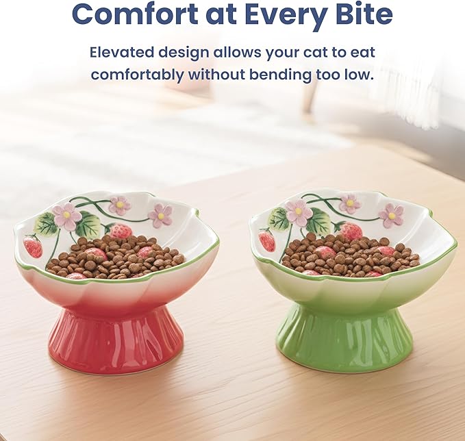 PawsPik Strawberry Blooms Elevated Ceramic Cat Bowl – Raised Cat Food Bowl with 15° Tilt, Whisker-Friendly Pet Feeding Bowl, Anti-Choking Dish, Dishwasher Safe (Red)