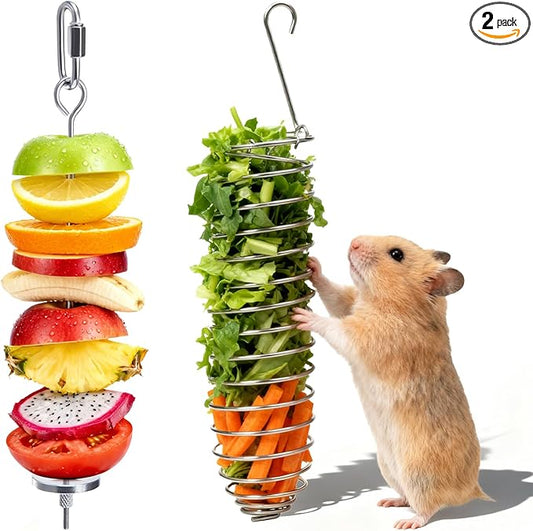 2Pcs Rat Enrichment Toys, 304 Stainless Steel Foraging Toy, Fruit & Vegetable Holder for Mice, Hanging Rodent Cage Accessories, Slow Feeder Puzzle Toy & Parakeet Foraging Tool