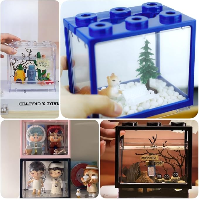 Small Sea Monkey Tank, Stackable Mini Betta Fish Tank Tinny Aquarium Kit with Aquarium Gravel, Moss Ball Tank Shrimp Tank 0.27 Gallon Acrylic Cube Fish Bowl for Shrimp Snails
