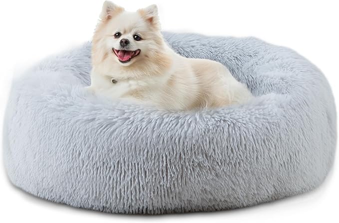 Bunlitent 23'' inch Calming Dog Bed, Anti-Anxiety Donut Small Dog Bed, Warming Cozy Soft Cute Round Washable, Marshmallow Cuddler Nest Puppy Bed, Grey