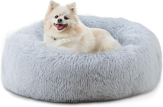 Bunlitent 23'' inch Calming Dog Bed, Anti-Anxiety Donut Small Dog Bed, Warming Cozy Soft Cute Round Washable, Marshmallow Cuddler Nest Puppy Bed, Grey