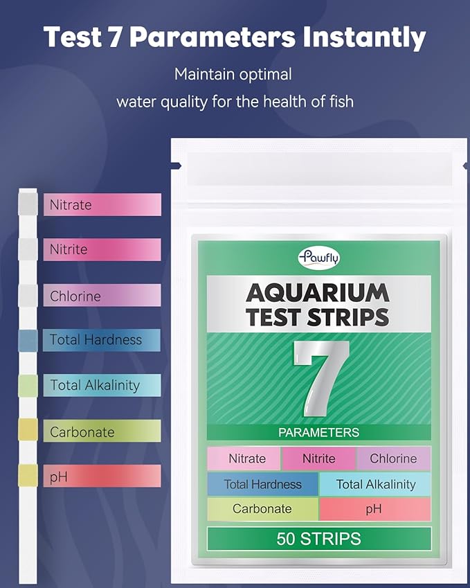 Pawfly 7 in 1 Aquarium Test Strips, 50 Strips Fish Tank Testing Strips for pH Chlorine Nitrate Nitrite Carbonate Hardness Total Alkalinity Water Quality Freshwater Saltwater Monitoring Kit