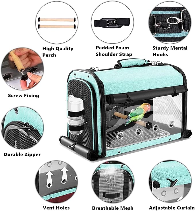 Bird Carrier Bag Bird Travel Cage with Stand, Lightweight Backpack for Parrot, Portable Bird Travel Bag, Pet Transparent Breathable Travel Cage, Green