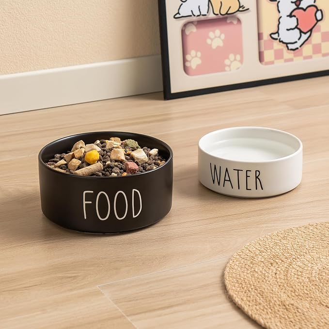 Ceramic Dog Bowls Set of 2 - Weighted Dog Dishes with Food & Water Lettering for Small and Medium Dogs, Food Grade Pet Bowl, Dishwasher & Microwave Safe (6 inch, 2 * 30oz, Black)