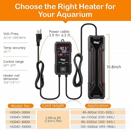 hygger Aquarium Heater 300W/500W/800W/1000W, Submersible Fish Tank Heater | with Digital LED Controller and Intelligent Leaving Water Automatically Stop Heating System, for Freshwater and Saltwater