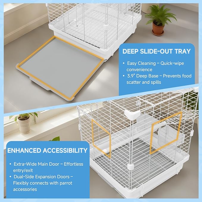 Small Bird Cage - 12x12x14.6 in Lightweight Travel Outdoor Birdcage for Parakeets, Budgies & Canaries and More Small Birds, Bird Carrier with Handle, Stand, Removable Tray, Portable for Hanging, White