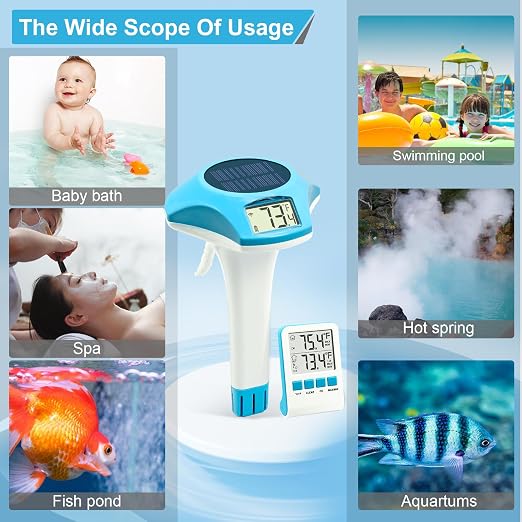 Circrane Solar Wireless Pool Thermometer, Easy Read Digital Floating Thermometer, IPX8 Water Proof, Solar Powered with 150 Days Battery Life for Hot Tub/Ice Bath/Swimming Pool/Aquarium, Blue