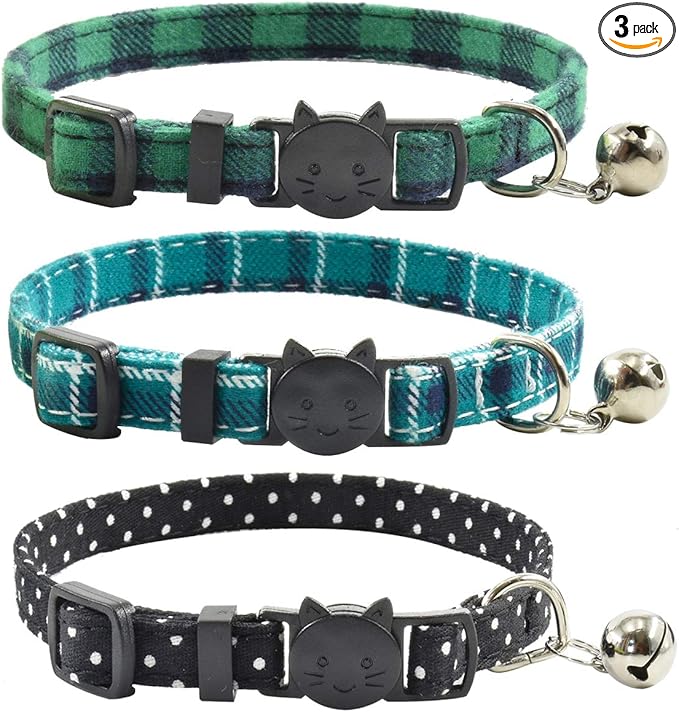 Breakaway cat Collars with Bell, Set of 3, Durable & Safe Cute Kitten Collars Safety Adjustable Kitty Collar for Cat Puppy 7.5-11in (Green,Cyan,Black)