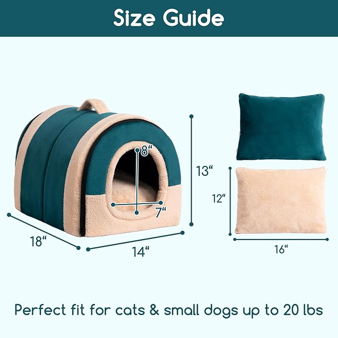 Hollypet Cat Bed Self-Warming 2 in 1 Foldable Kitty Cave Hut House Nest Pet Sleeping Bed, Crystal Velvet Pet Condo for Indoor Cats, Green Arched Cave