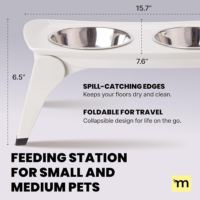 MalsiPree Elevated Dog Bowls for Small Dogs - 6.5" Raised Dog Bowl Stand with Splash Guard - Portable Folding Pet Feeding Station with 2 Stainless Steel Bowls - Dog Birthday & Adoption Gift, White