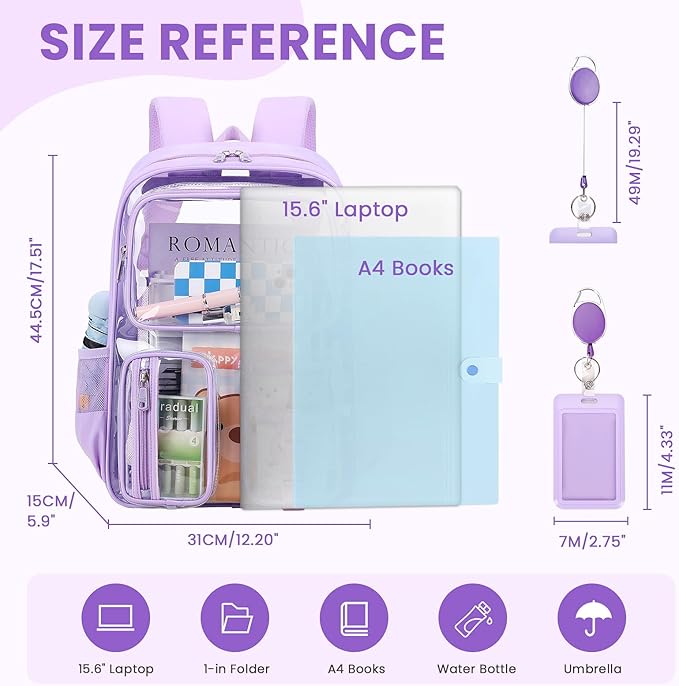 MUSEVOS Clear Backpack for School, Heavy Duty Clear Bookbag for Girls Boys Transparent Backpack with Badge Holder, Purple