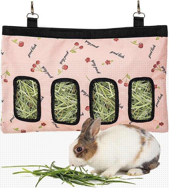 Rabbit Hanging Hay Feeder Bag Large Capacity Small Animal Hay Dispenser 600D Oxford Cloth Rabbit Hay Storage Bag for Bunnies Guinea Pigs Chinchillas (Pink)