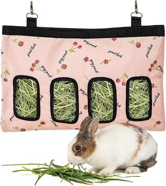 Rabbit Hanging Hay Feeder Bag Large Capacity Small Animal Hay Dispenser 600D Oxford Cloth Rabbit Hay Storage Bag for Bunnies Guinea Pigs Chinchillas (Pink)