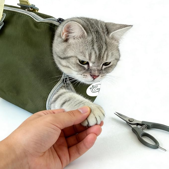 Cinf Cat Nail Clipping Cleaning Grooming Restraint Bag （Free Muzzle） No Scratching Biting for Bathing Nail Trimming Injecting Examining(Moss Green,M)