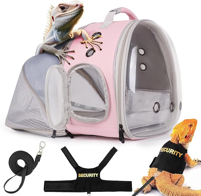 WEVONIGU Expandable Small Animal Backpack Carrier with Clear Bubble Window Large Space Travel Cage for Hedgehog Rat Parrot,Bearded Dragon,Sugar Glider,Airline Approved (Pink, BE Backpack+LSH)